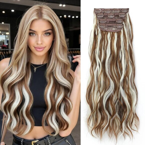 20 Inch Curly Wavy Synthetic Hair Extensions Clip Ins Natural Look Women